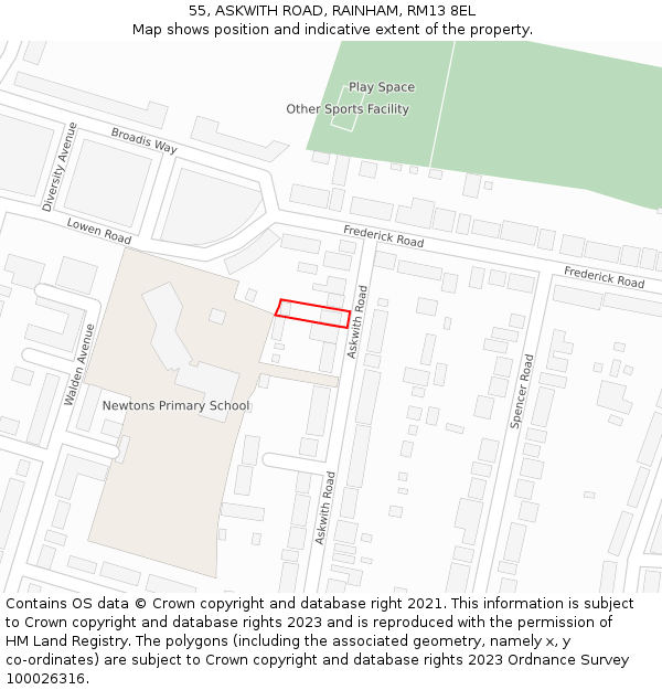 55, ASKWITH ROAD, RAINHAM, RM13 8EL: Location map and indicative extent of plot