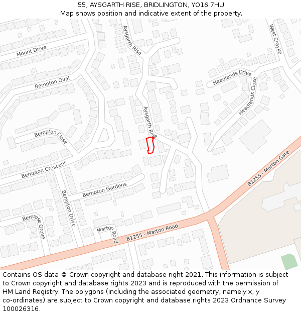 55, AYSGARTH RISE, BRIDLINGTON, YO16 7HU: Location map and indicative extent of plot