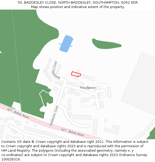 55, BADDESLEY CLOSE, NORTH BADDESLEY, SOUTHAMPTON, SO52 9DR: Location map and indicative extent of plot