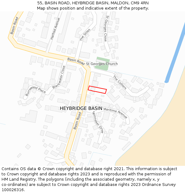 55, BASIN ROAD, HEYBRIDGE BASIN, MALDON, CM9 4RN: Location map and indicative extent of plot