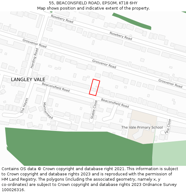 55, BEACONSFIELD ROAD, EPSOM, KT18 6HY: Location map and indicative extent of plot