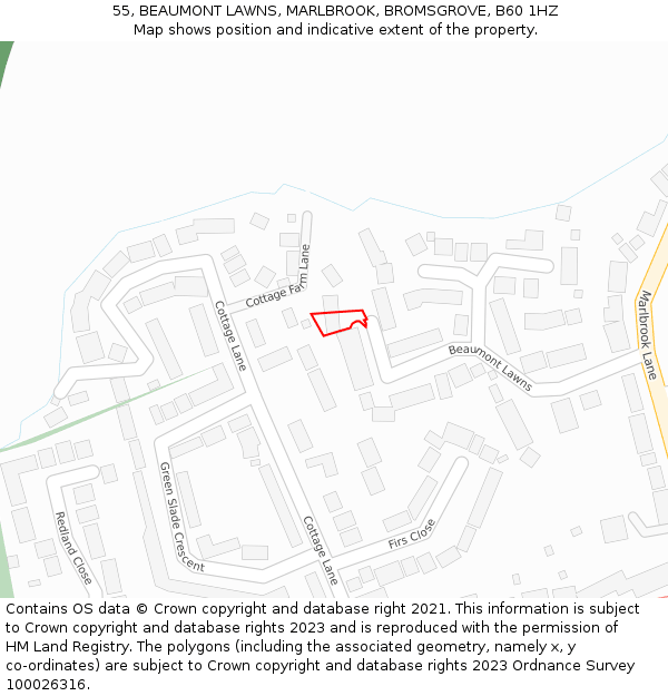 55, BEAUMONT LAWNS, MARLBROOK, BROMSGROVE, B60 1HZ: Location map and indicative extent of plot