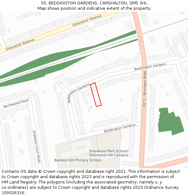 55, BEDDINGTON GARDENS, CARSHALTON, SM5 3HL: Location map and indicative extent of plot