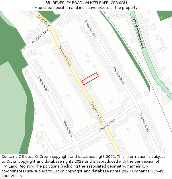 55, BEVERLEY ROAD, WHYTELEAFE, CR3 0DU: Location map and indicative extent of plot