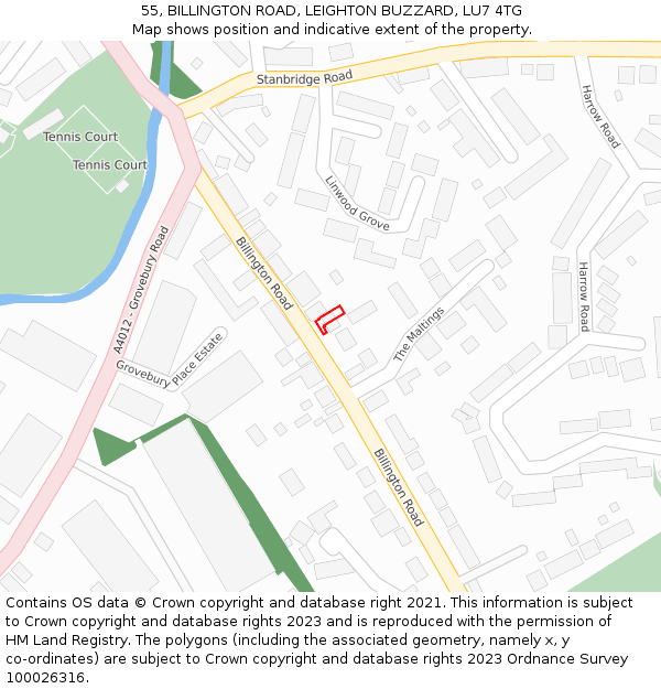 55, BILLINGTON ROAD, LEIGHTON BUZZARD, LU7 4TG: Location map and indicative extent of plot