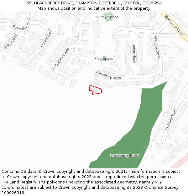 55, BLACKBERRY DRIVE, FRAMPTON COTTERELL, BRISTOL, BS36 2SL: Location map and indicative extent of plot