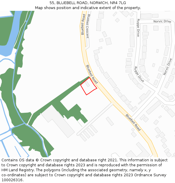 55, BLUEBELL ROAD, NORWICH, NR4 7LG: Location map and indicative extent of plot