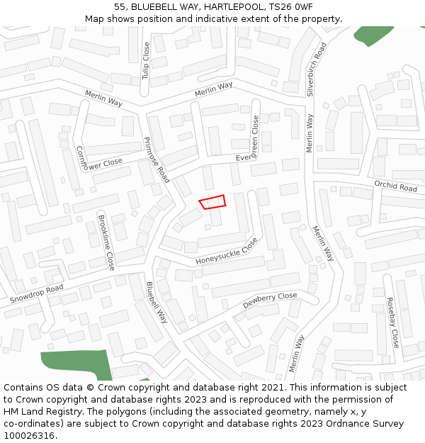 55, BLUEBELL WAY, HARTLEPOOL, TS26 0WF: Location map and indicative extent of plot