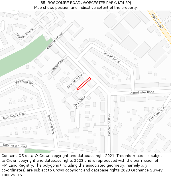 55, BOSCOMBE ROAD, WORCESTER PARK, KT4 8PJ: Location map and indicative extent of plot