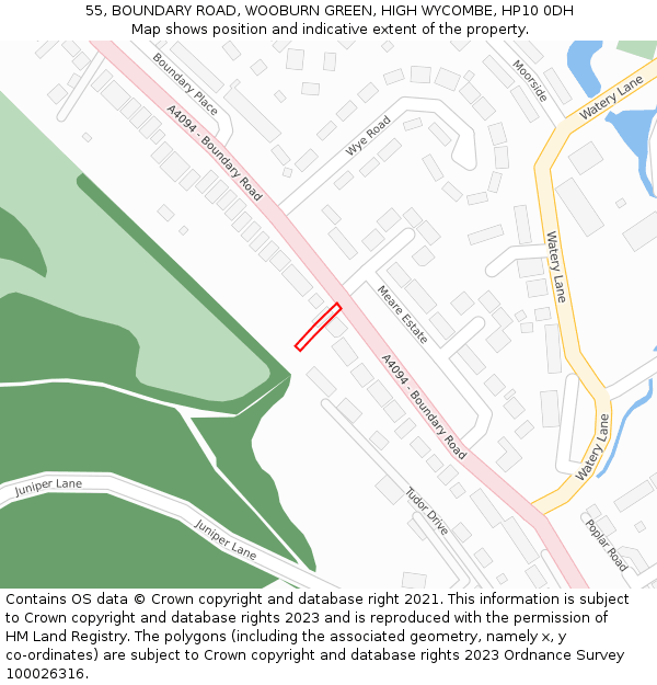 55, BOUNDARY ROAD, WOOBURN GREEN, HIGH WYCOMBE, HP10 0DH: Location map and indicative extent of plot