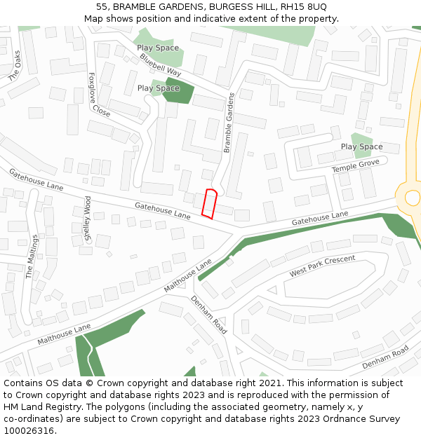 55, BRAMBLE GARDENS, BURGESS HILL, RH15 8UQ: Location map and indicative extent of plot