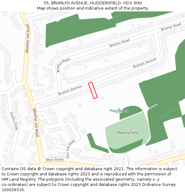 55, BRIARLYN AVENUE, HUDDERSFIELD, HD3 3NN: Location map and indicative extent of plot