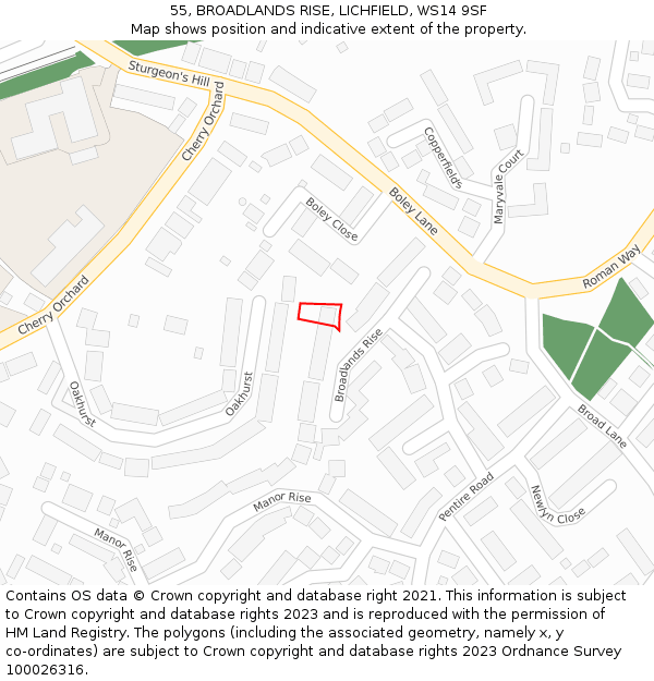 55, BROADLANDS RISE, LICHFIELD, WS14 9SF: Location map and indicative extent of plot