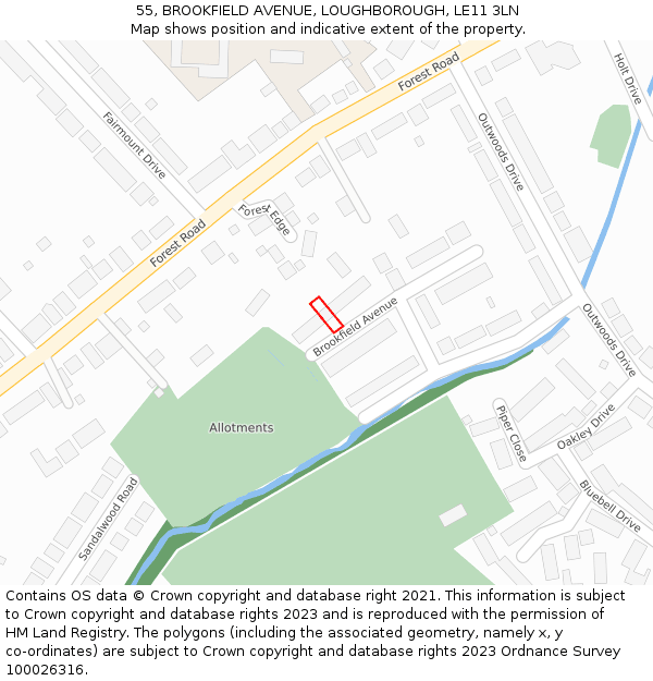 55, BROOKFIELD AVENUE, LOUGHBOROUGH, LE11 3LN: Location map and indicative extent of plot