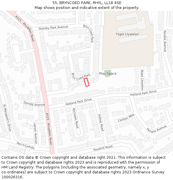 55, BRYNCOED PARK, RHYL, LL18 4SE: Location map and indicative extent of plot