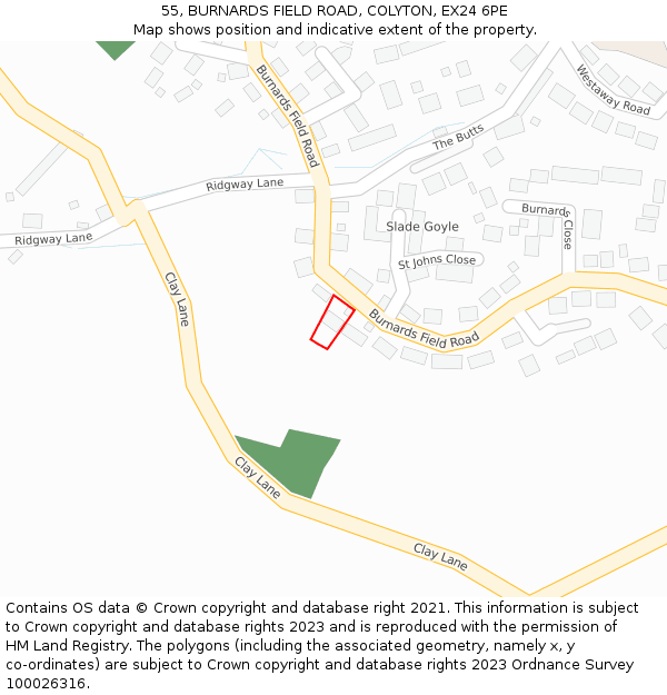 55, BURNARDS FIELD ROAD, COLYTON, EX24 6PE: Location map and indicative extent of plot