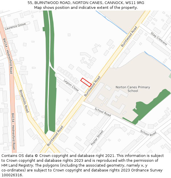 55, BURNTWOOD ROAD, NORTON CANES, CANNOCK, WS11 9RG: Location map and indicative extent of plot