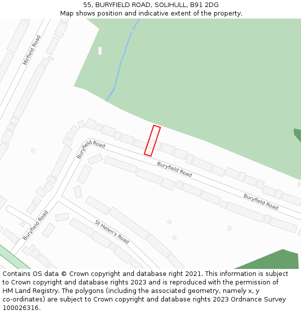 55, BURYFIELD ROAD, SOLIHULL, B91 2DG: Location map and indicative extent of plot