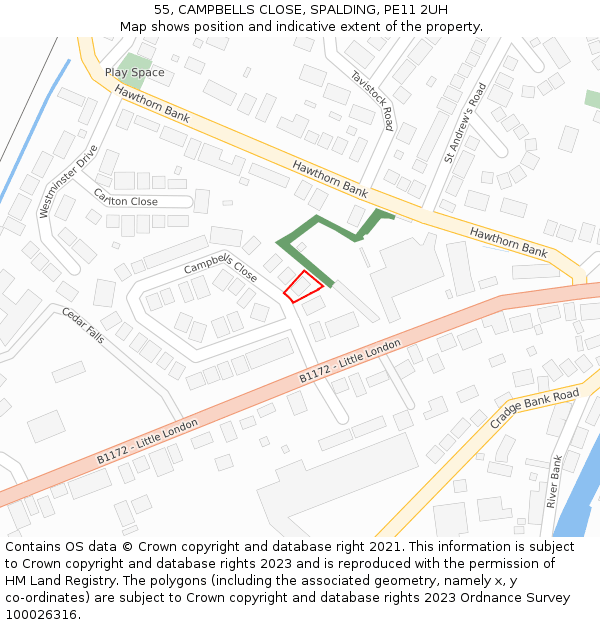 55, CAMPBELLS CLOSE, SPALDING, PE11 2UH: Location map and indicative extent of plot