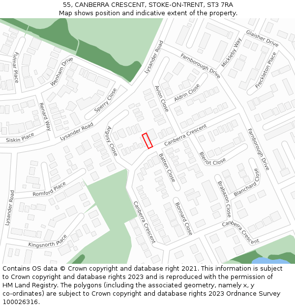 55, CANBERRA CRESCENT, STOKE-ON-TRENT, ST3 7RA: Location map and indicative extent of plot