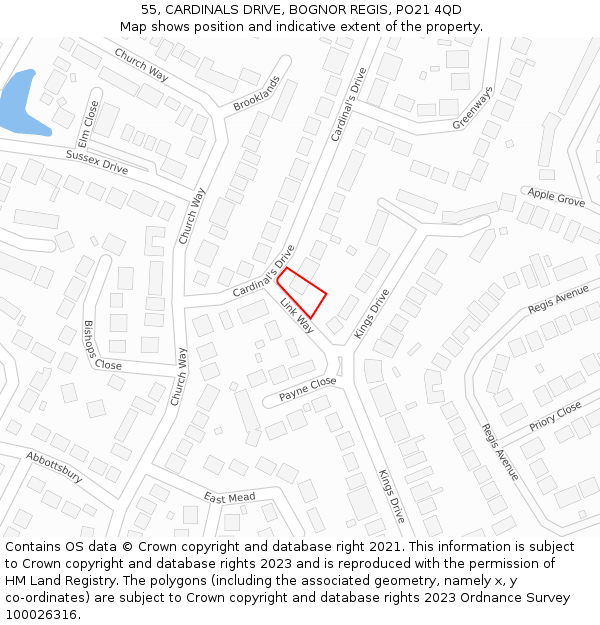 55, CARDINALS DRIVE, BOGNOR REGIS, PO21 4QD: Location map and indicative extent of plot