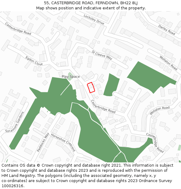 55, CASTERBRIDGE ROAD, FERNDOWN, BH22 8LJ: Location map and indicative extent of plot