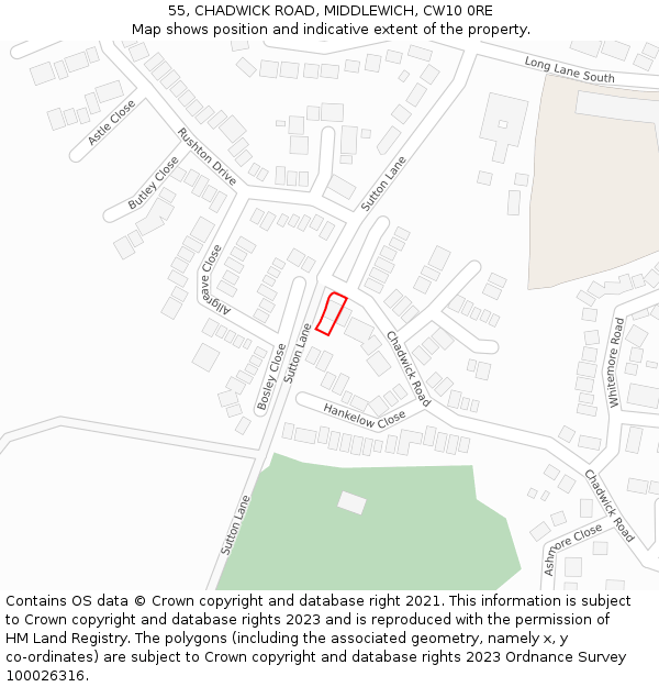 55, CHADWICK ROAD, MIDDLEWICH, CW10 0RE: Location map and indicative extent of plot