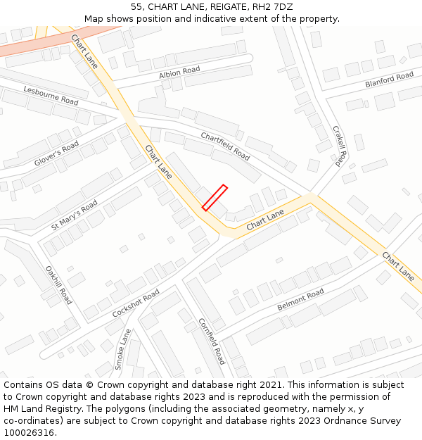 55, CHART LANE, REIGATE, RH2 7DZ: Location map and indicative extent of plot