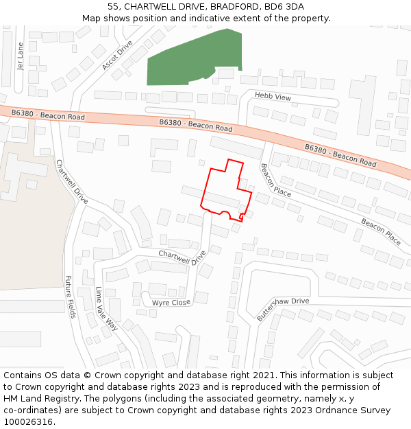 55, CHARTWELL DRIVE, BRADFORD, BD6 3DA: Location map and indicative extent of plot