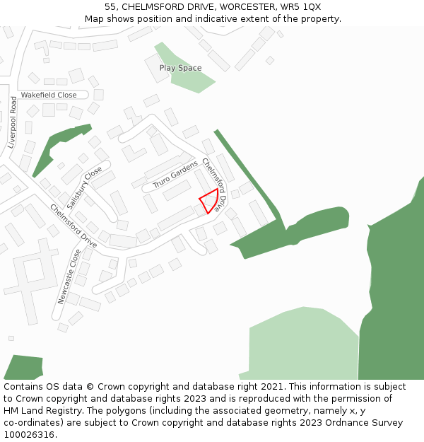 55, CHELMSFORD DRIVE, WORCESTER, WR5 1QX: Location map and indicative extent of plot