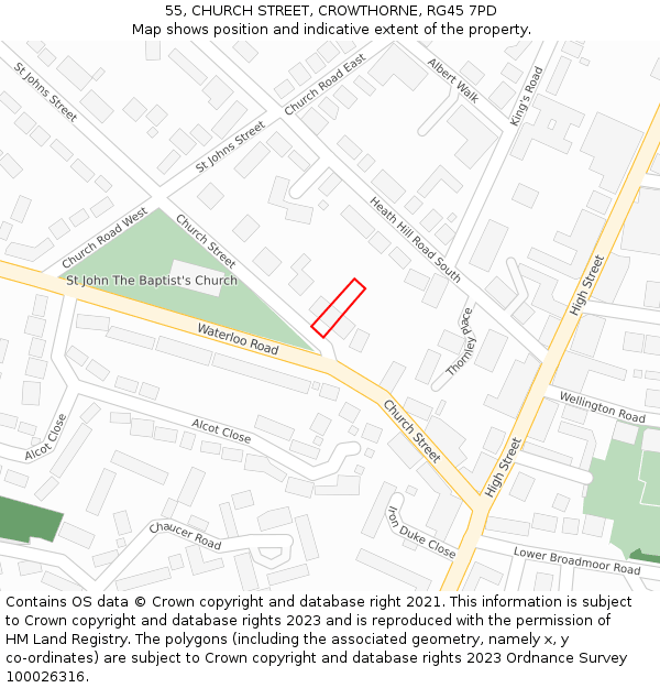 55, CHURCH STREET, CROWTHORNE, RG45 7PD: Location map and indicative extent of plot