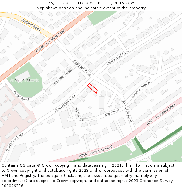 55, CHURCHFIELD ROAD, POOLE, BH15 2QW: Location map and indicative extent of plot