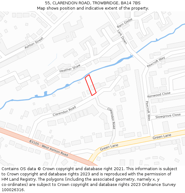 55, CLARENDON ROAD, TROWBRIDGE, BA14 7BS: Location map and indicative extent of plot