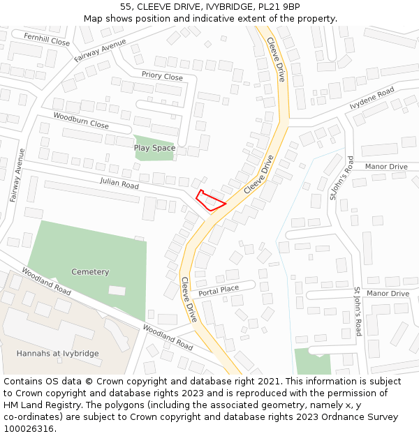 55, CLEEVE DRIVE, IVYBRIDGE, PL21 9BP: Location map and indicative extent of plot