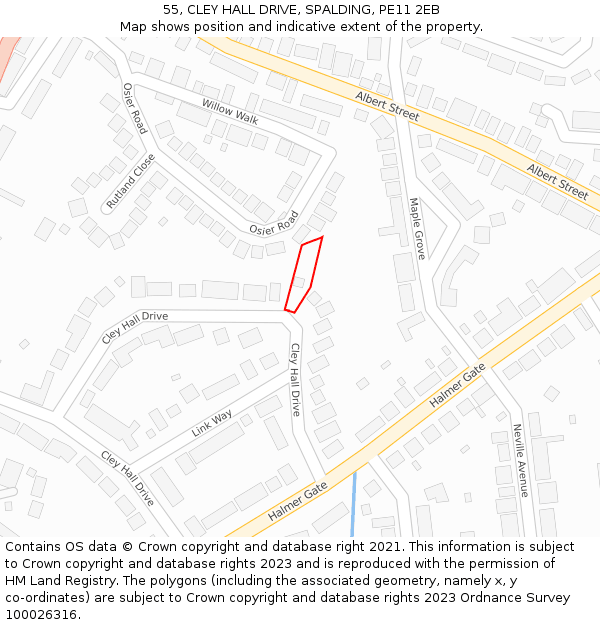 55, CLEY HALL DRIVE, SPALDING, PE11 2EB: Location map and indicative extent of plot