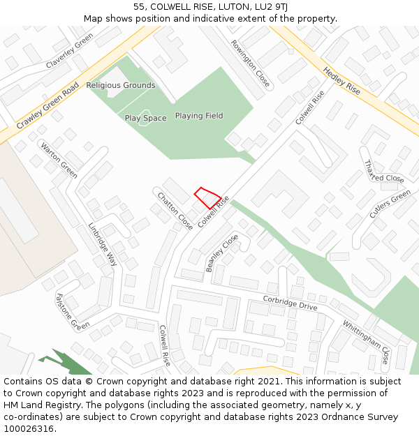 55, COLWELL RISE, LUTON, LU2 9TJ: Location map and indicative extent of plot