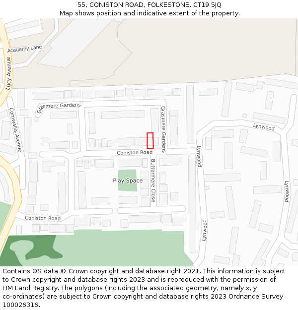 55, CONISTON ROAD, FOLKESTONE, CT19 5JQ: Location map and indicative extent of plot