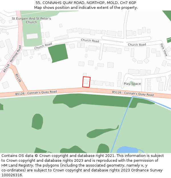 55, CONNAHS QUAY ROAD, NORTHOP, MOLD, CH7 6GP: Location map and indicative extent of plot