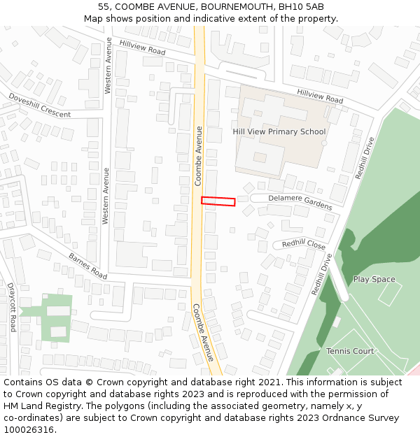55, COOMBE AVENUE, BOURNEMOUTH, BH10 5AB: Location map and indicative extent of plot