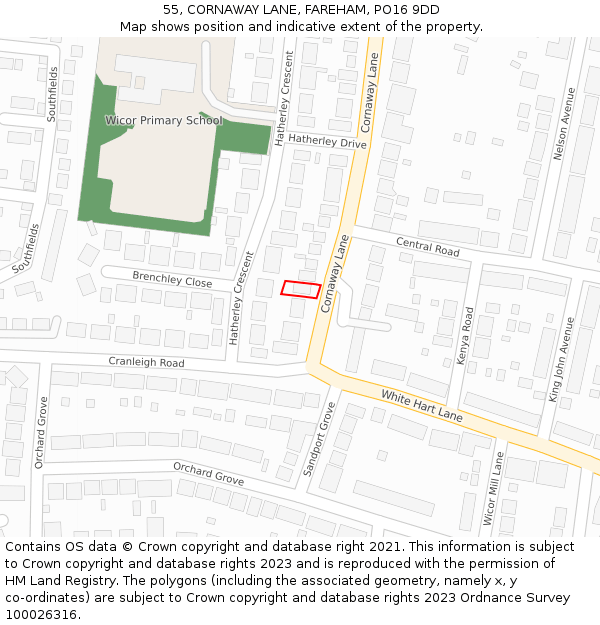 55, CORNAWAY LANE, FAREHAM, PO16 9DD: Location map and indicative extent of plot