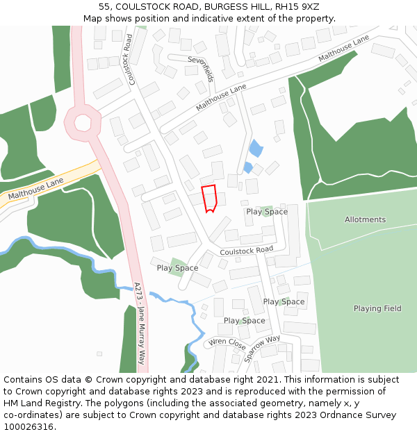 55, COULSTOCK ROAD, BURGESS HILL, RH15 9XZ: Location map and indicative extent of plot