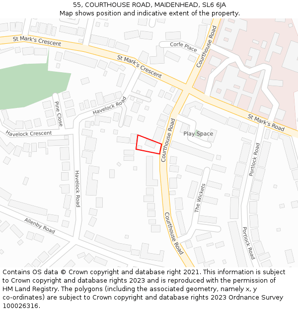 55, COURTHOUSE ROAD, MAIDENHEAD, SL6 6JA: Location map and indicative extent of plot