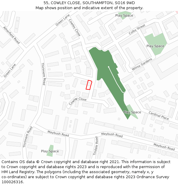 55, COWLEY CLOSE, SOUTHAMPTON, SO16 9WD: Location map and indicative extent of plot