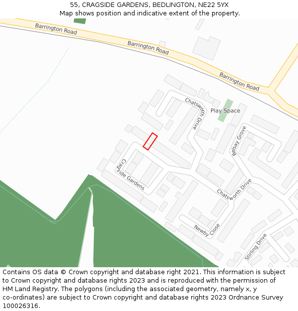 55, CRAGSIDE GARDENS, BEDLINGTON, NE22 5YX: Location map and indicative extent of plot