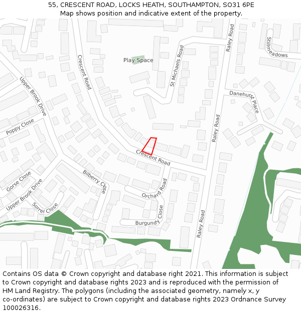 55, CRESCENT ROAD, LOCKS HEATH, SOUTHAMPTON, SO31 6PE: Location map and indicative extent of plot