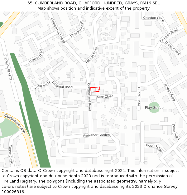 55, CUMBERLAND ROAD, CHAFFORD HUNDRED, GRAYS, RM16 6EU: Location map and indicative extent of plot