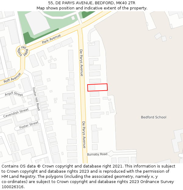 55, DE PARYS AVENUE, BEDFORD, MK40 2TR: Location map and indicative extent of plot