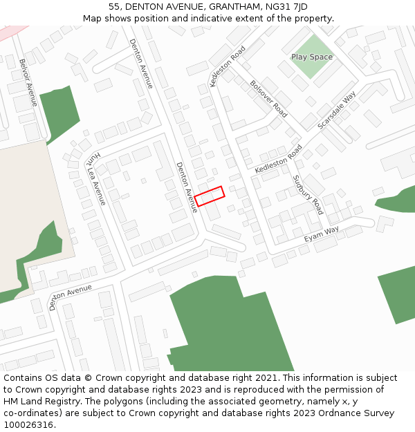 55, DENTON AVENUE, GRANTHAM, NG31 7JD: Location map and indicative extent of plot