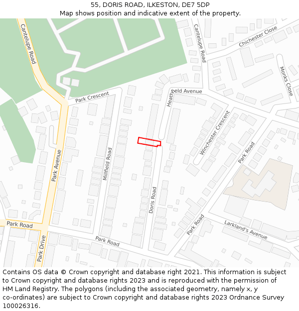 55, DORIS ROAD, ILKESTON, DE7 5DP: Location map and indicative extent of plot