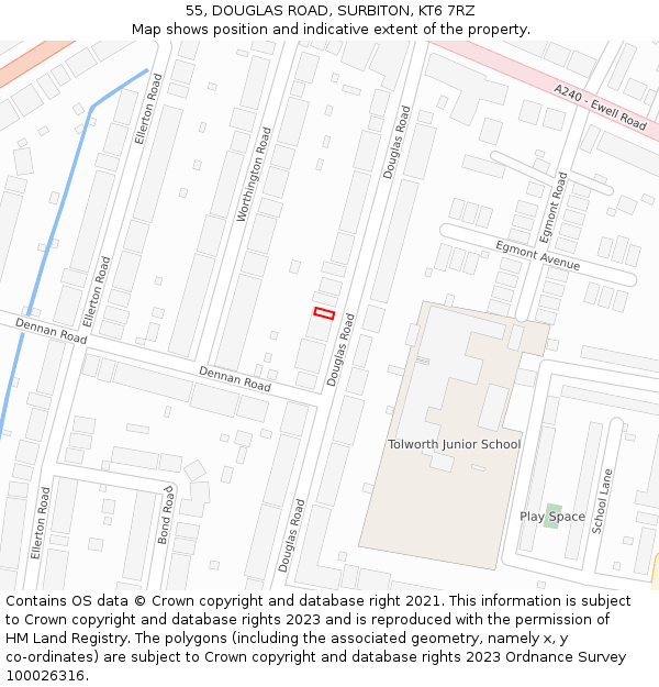 55, DOUGLAS ROAD, SURBITON, KT6 7RZ: Location map and indicative extent of plot